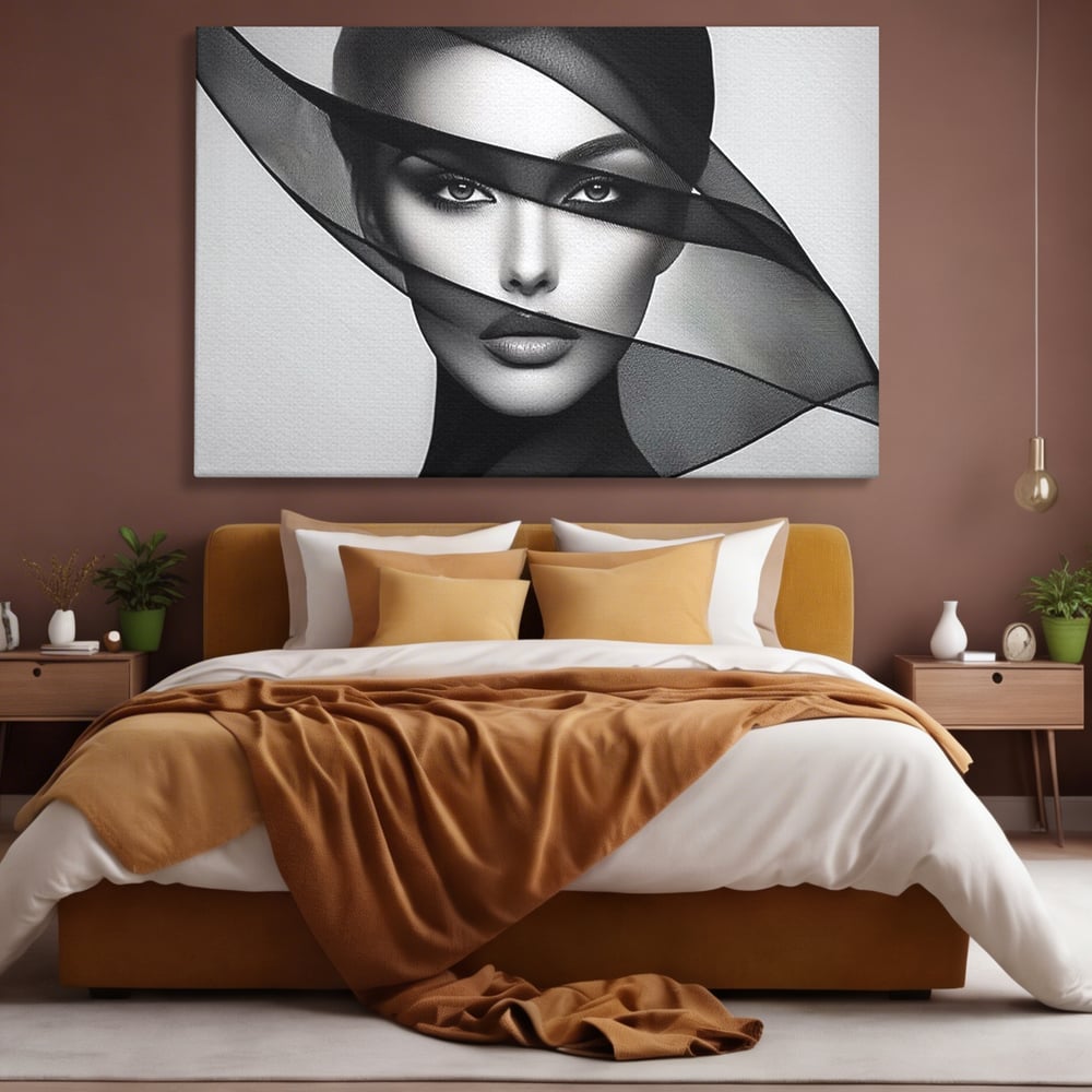 Tablou canvas cu tablou canvas cu femeie si voal negru, fara rama, pe sasiu de lemn, pe perete intr-un dormitor